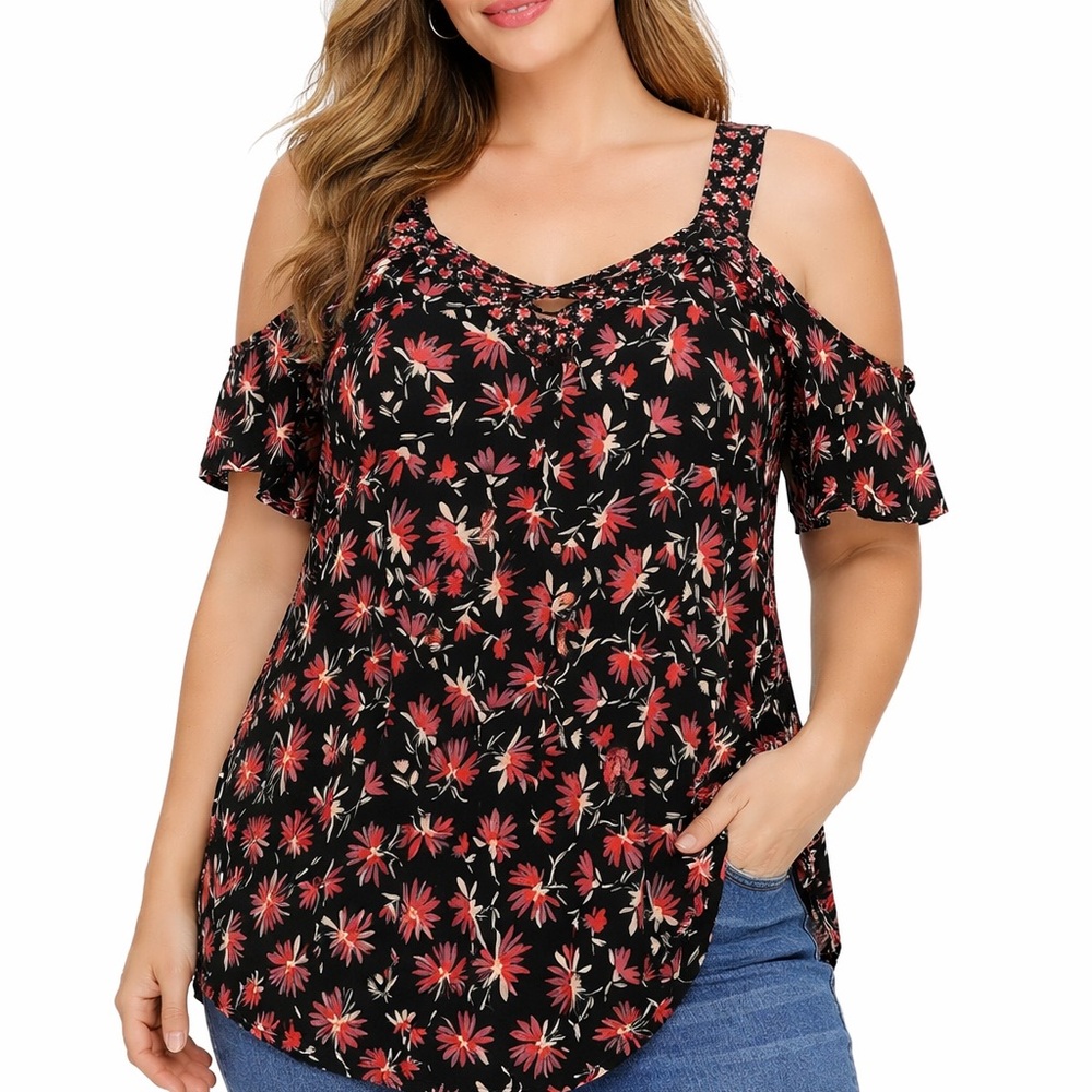 Cold-Shoulder Floral Plus-Size Top - Black with Red Floral